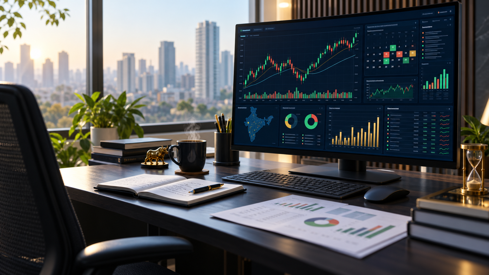 Market research desk with charts and a results calendar