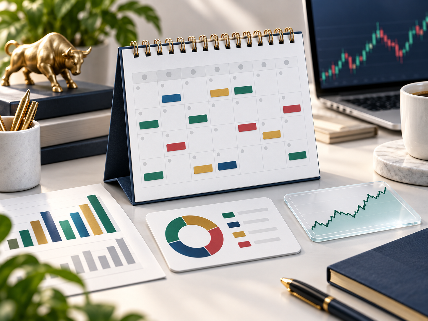 Quarterly results calendar with market charts